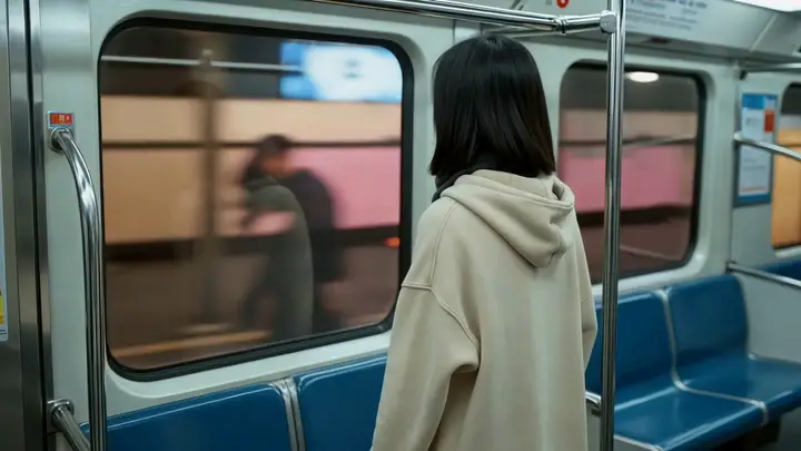 Commuter standing inside a moving subway car