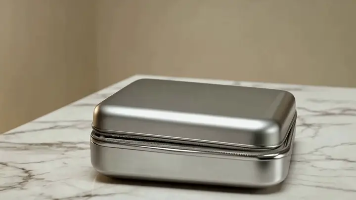 Compact metal travel case opening on a marble surface