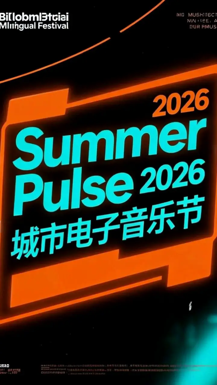 A vertical neon festival billboard showing Summer Pulse 2026 in a rainy night setting.