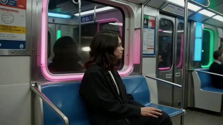 A woman sitting in a neon-lit subway carriage, turned toward the camera in a cinematic dialogue shot.