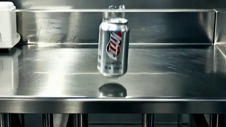Beverage can landing in water with a circular splash
