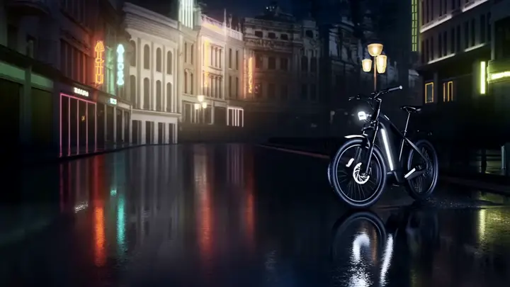 Cyclist riding through a wet city street at night