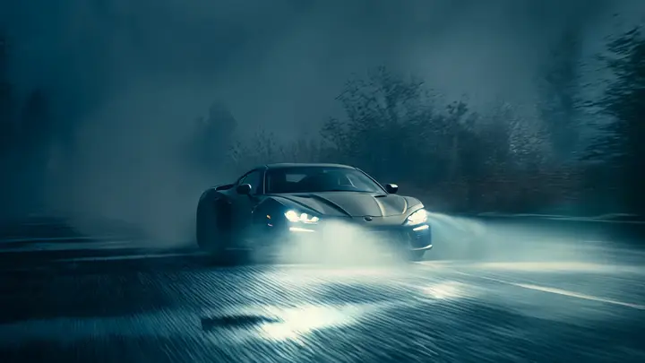 Dark performance car emerging through heavy rain
