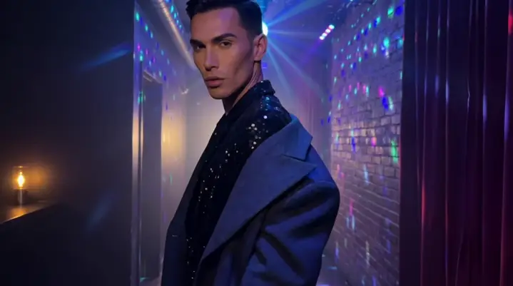 A nightclub fashion portrait turned into a subtle first-frame motion shot with preserved identity in Kling v2.1.