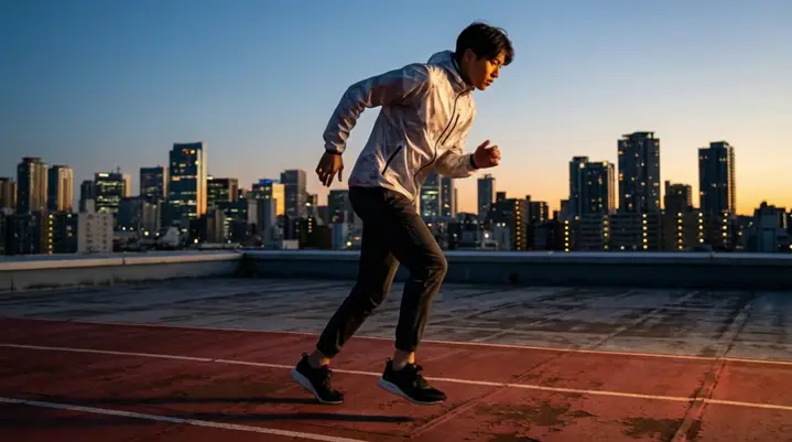 Runner moving along a rooftop track at sunset