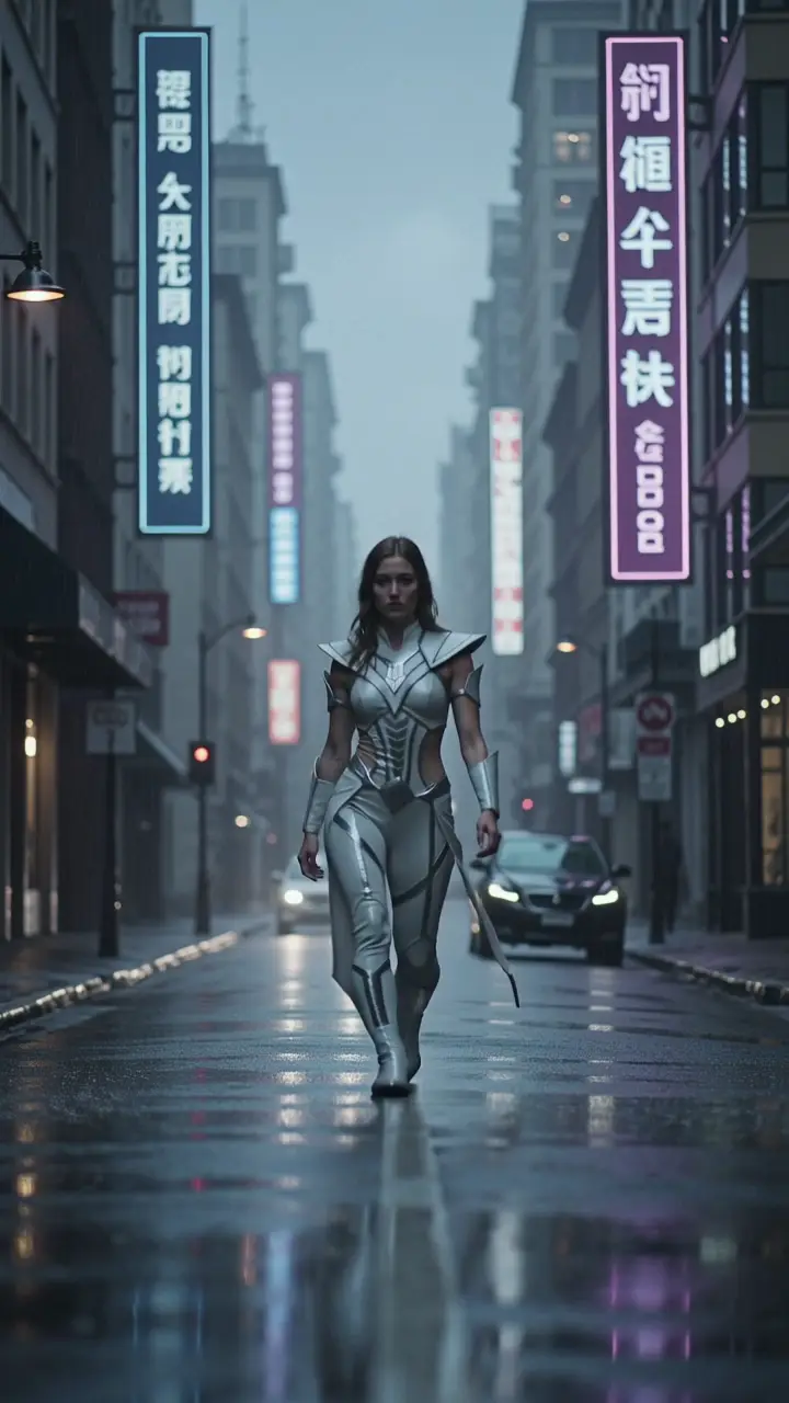 A fashion model in neon rain framed vertically in a stylized short-form Kling Turbo clip.