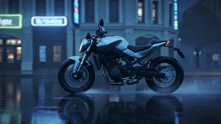 A neon motorcycle cutting through rain in a fast audio-aware Kling Turbo promo shot.