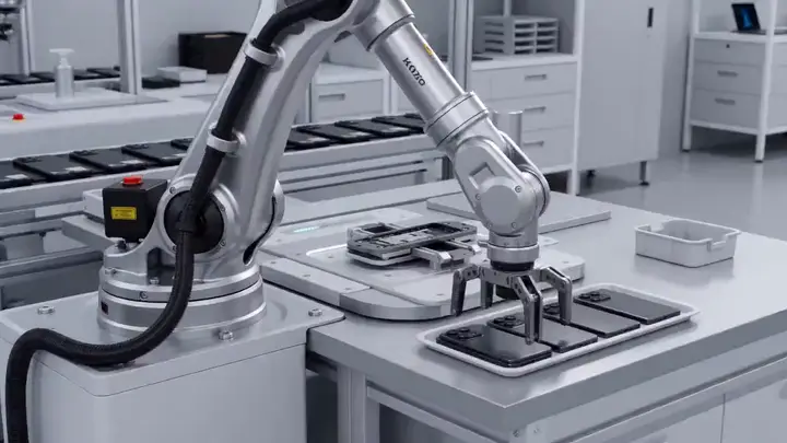 Robotic arms completing a precision assembly sequence
