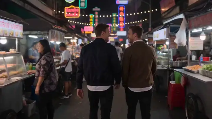 A night market dialogue tracking shot used as a Seedance 2.1 prompt example.