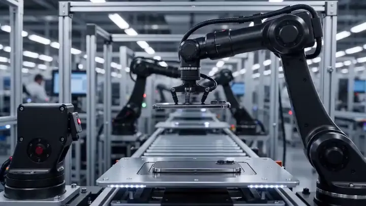 An industrial robot reveal clip used as a Seedance 2.1 prompt example.