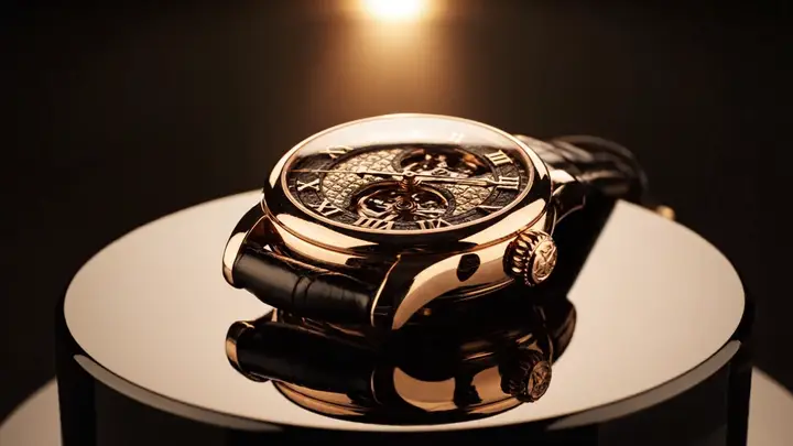 Mechanical watch rotating under a controlled spotlight