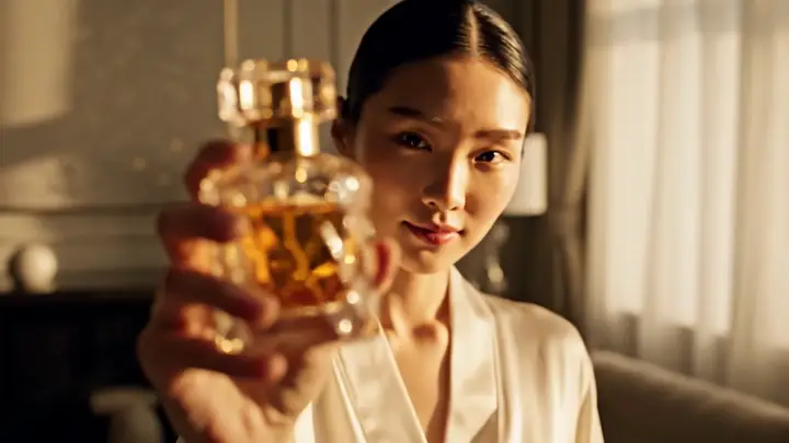 A woman holding a luxury perfume bottle near camera in a beauty campaign scene.
