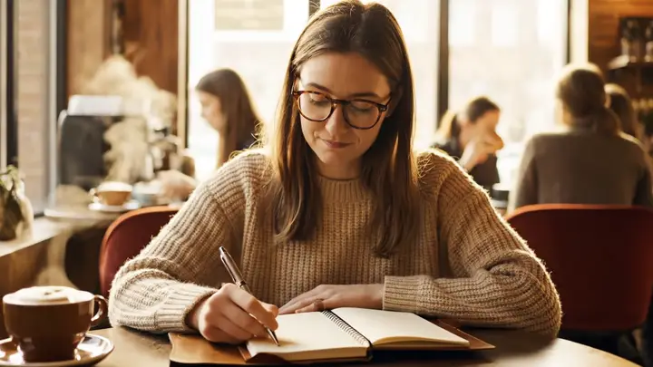 Woman reading a letter in a warm daylight café