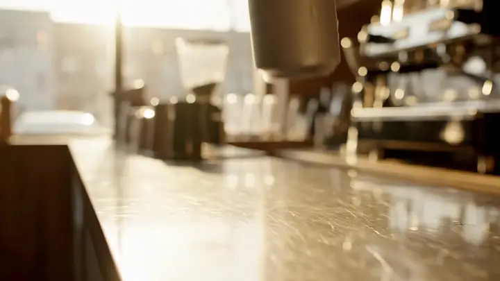 An iced coffee can landing on a brushed metal counter in a product commercial setup.