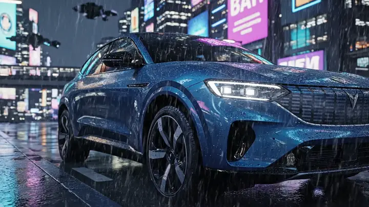 A blue electric SUV parked on a neon-lit rainy street in a cinematic launch scene.