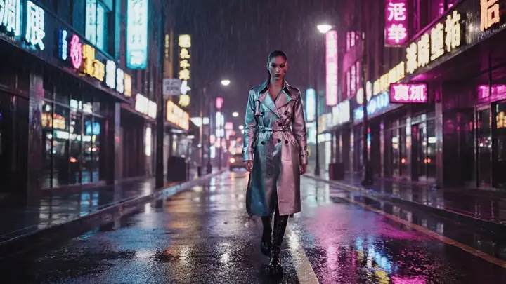 Fashion model walking through a neon city corridor