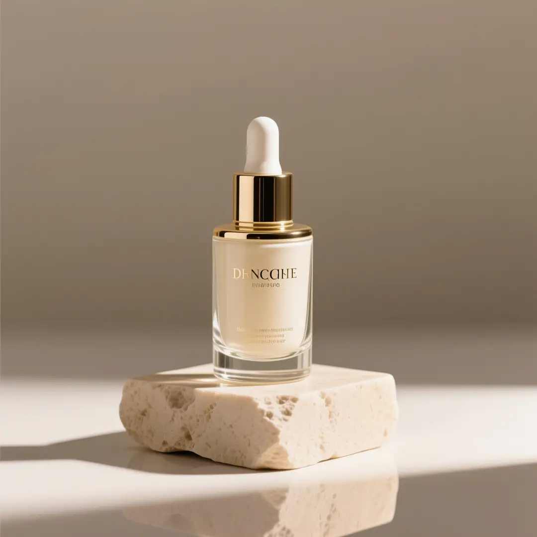 Una botella de cuidado facial premium fotografiada en un pedestal de piedra con luz de estudio suave.