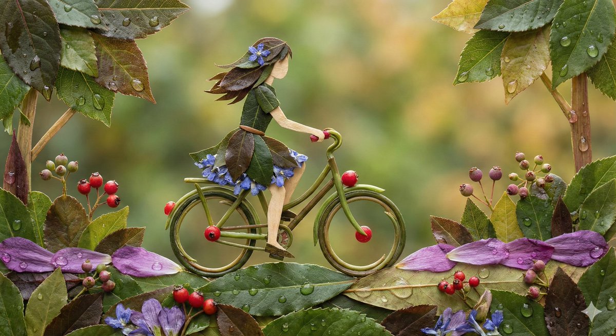 Botanical Leaf Art Collage: Girl Riding a Bicycle