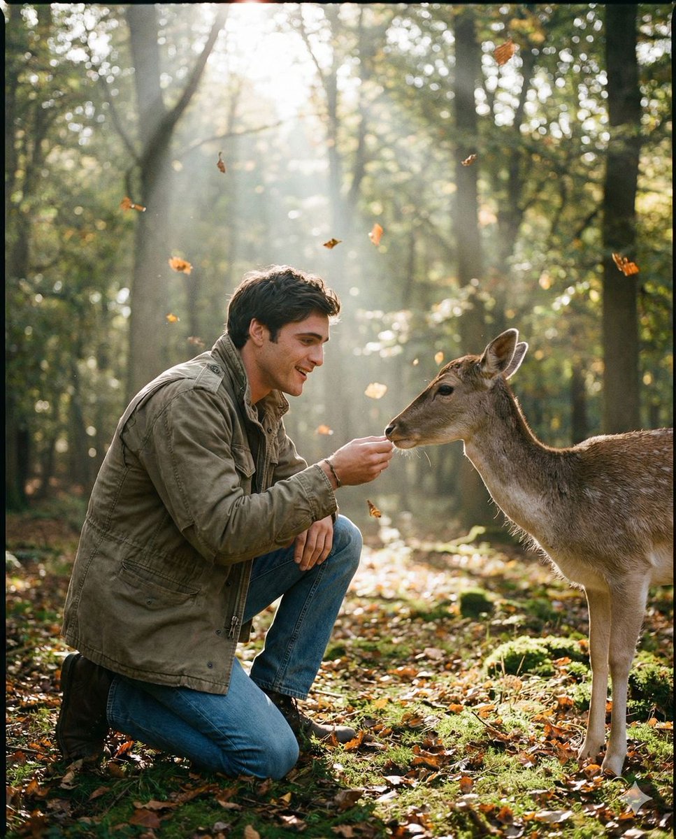 Wildlife Encounter: Person Kneeling with Deer in Forest Clearing