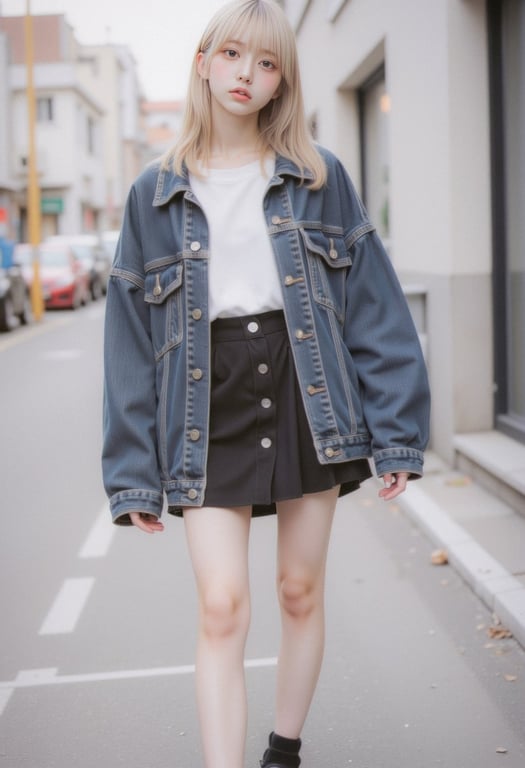 Casual Street Style Portrait: Oversized Denim Jacket and Platform Shoes
