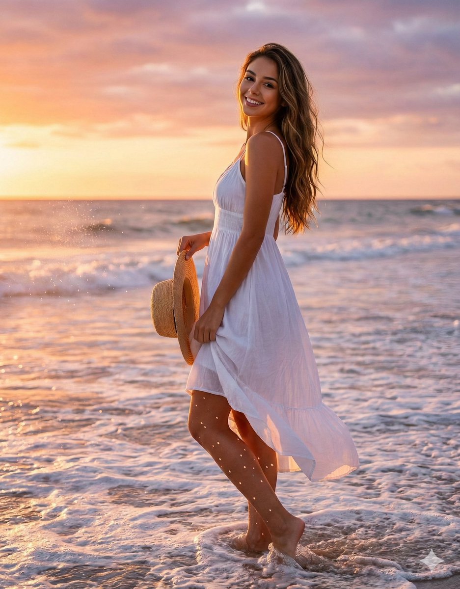 Hyper-Realistic Portrait of a Woman on a Tropical Beach at Sunset