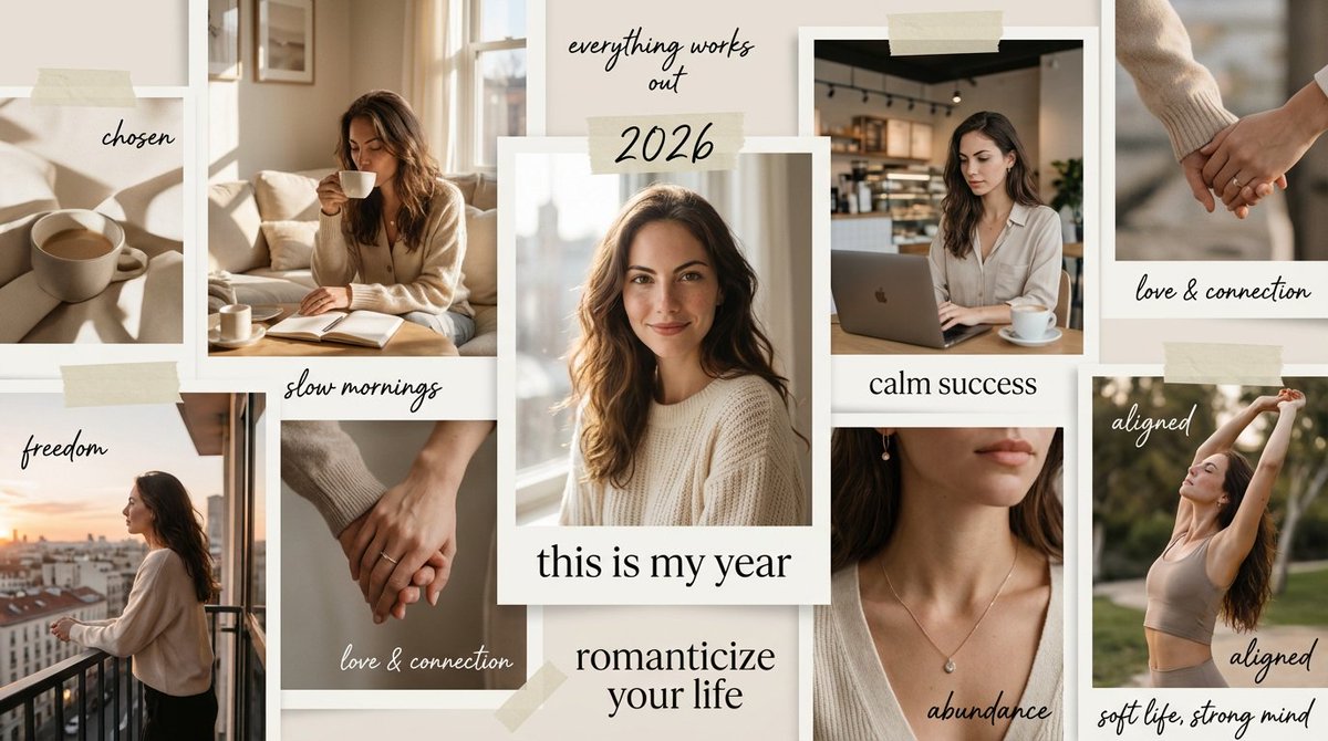 Aesthetic 2026 Vision Board Collage with Text and Affirmations