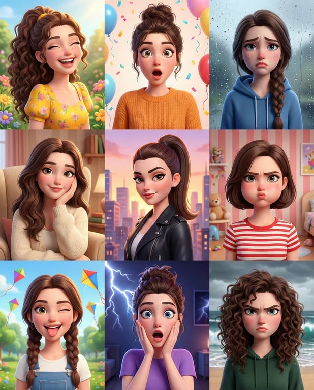 3D Cartoon Portrait Grid with Various Expressions
