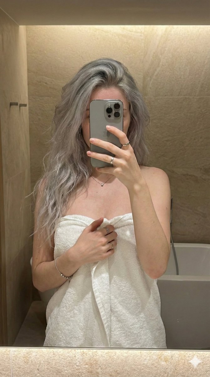 Realistic Bathroom Mirror Selfie with Towel Wrap