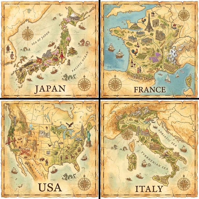 Vintage Isometric Country Landmark Map Illustration