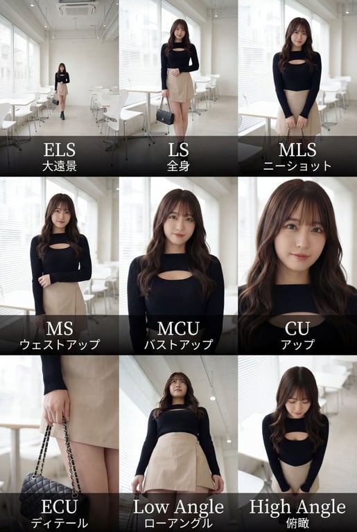 3x3 Cinematic Contact Sheet with Japanese Text Labels