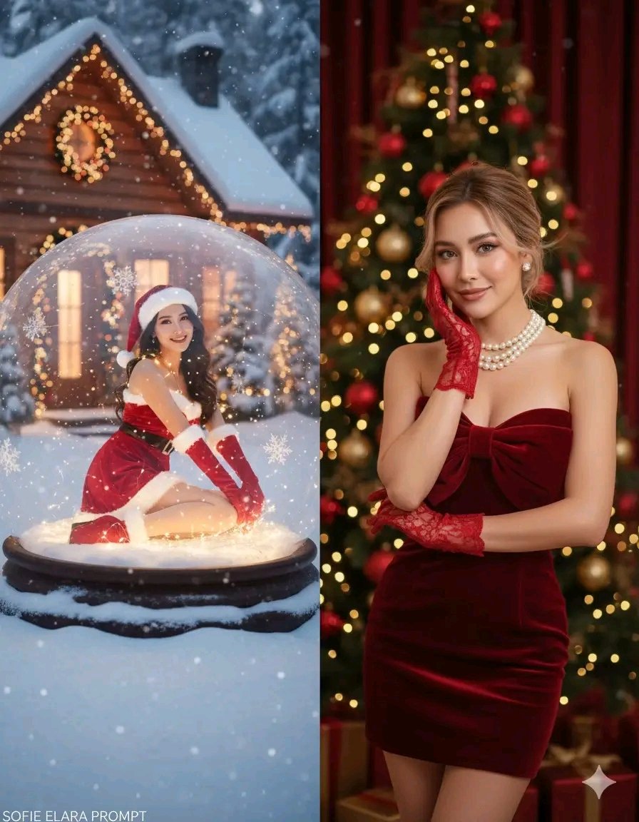 Christmas Portrait and Snow Globe Scene of a Beautiful Woman