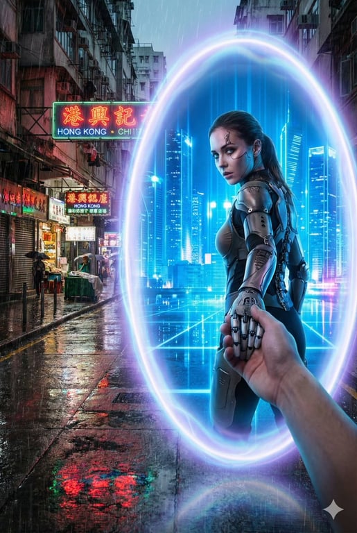 Anime Character Stepping Through Portal to Futuristic Tokyo