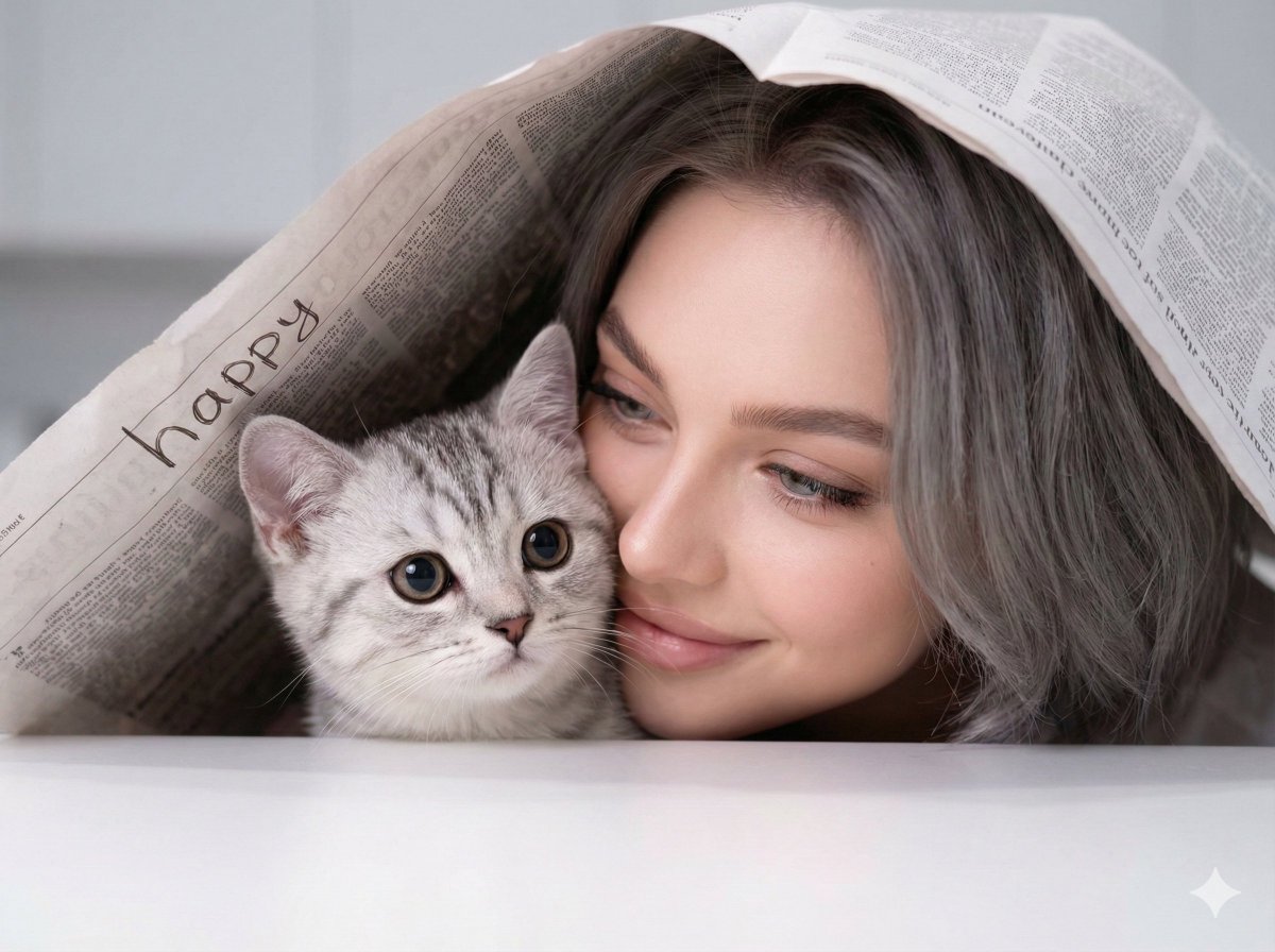 Photorealistic Portrait of Woman and Kitten Under Paper