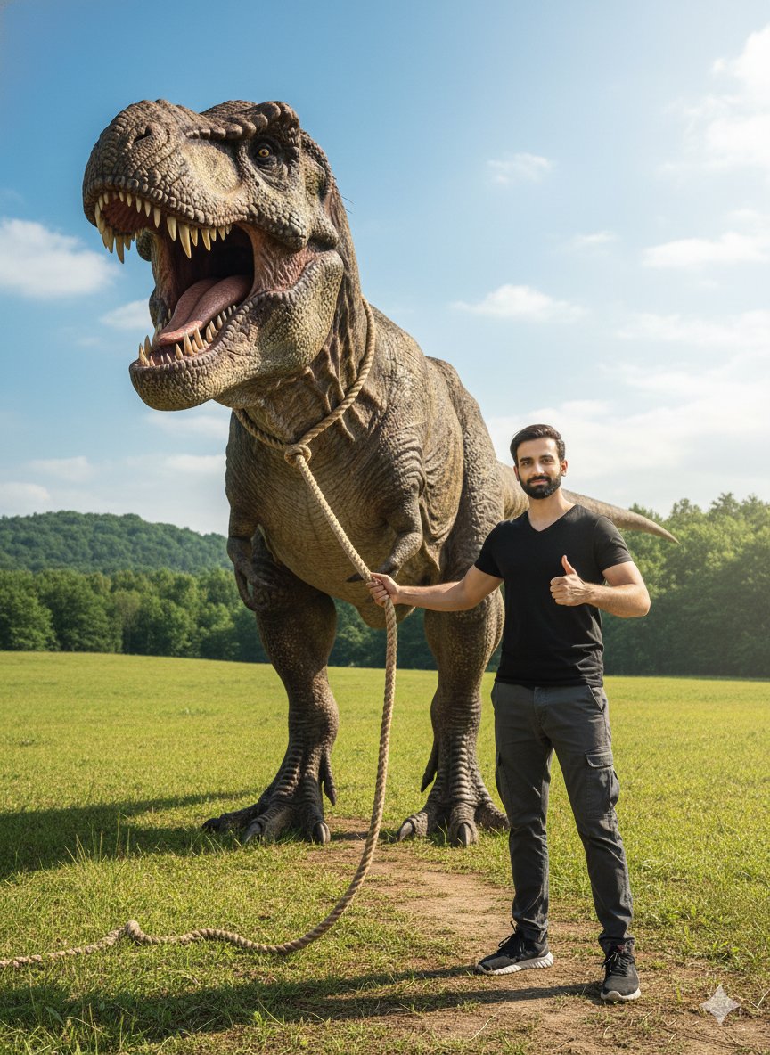 Ultra-Photorealistic Man and T-Rex in Sunlit Field