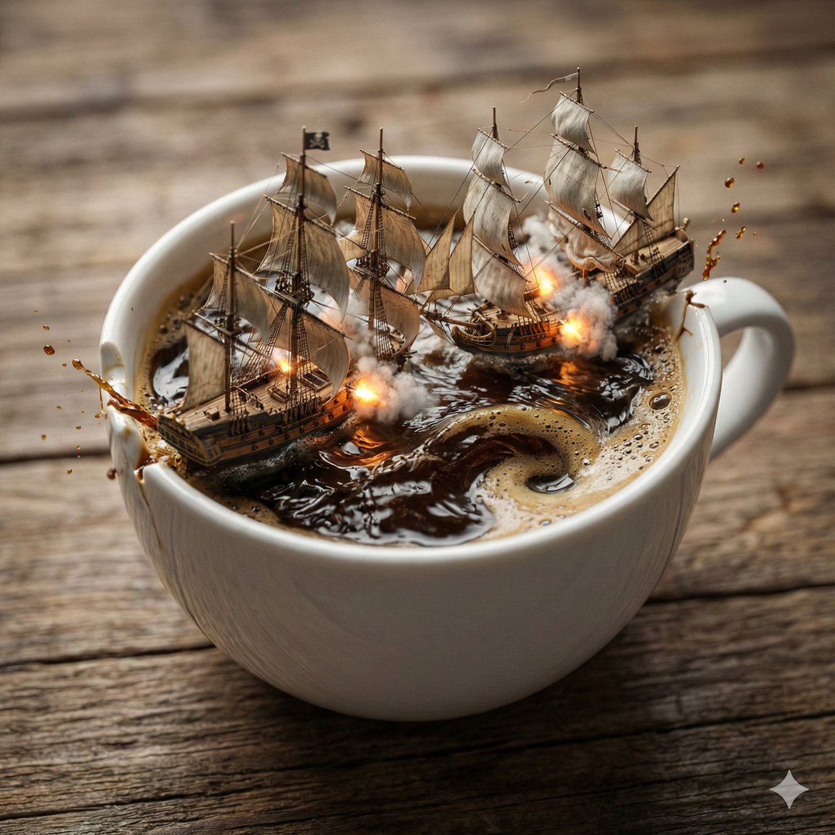 Pirate Sea Battle Inside a Coffee Cup (Macro Photography)