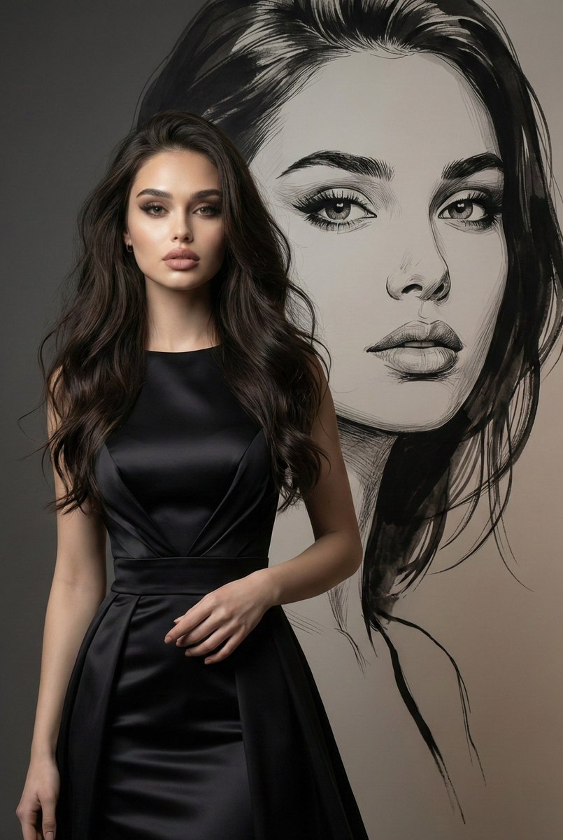 Cinematic Fashion Portrait with Charcoal Sketch Background