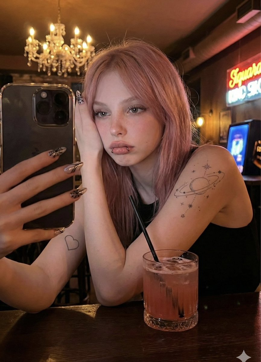 Moody Bar Selfie with Pink Hair and Neon Lighting
