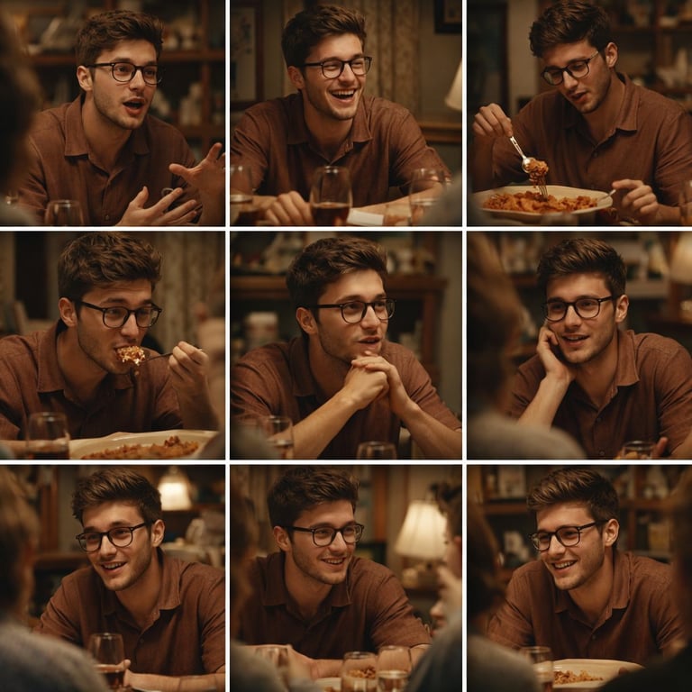 Cinematic Storyboard Contact Sheet of a Young Man at Dinner