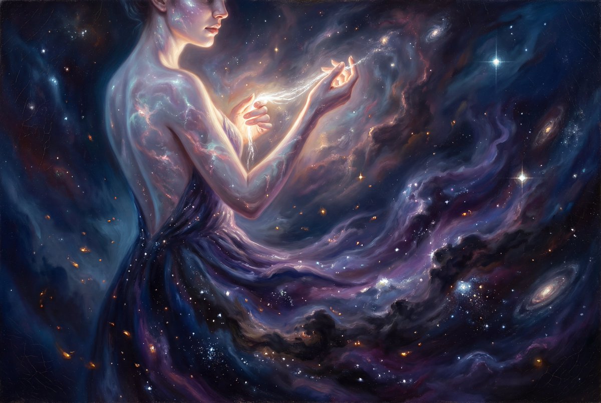 Grand Baroque Oil Painting of a Celestial Woman Weaving Starlight