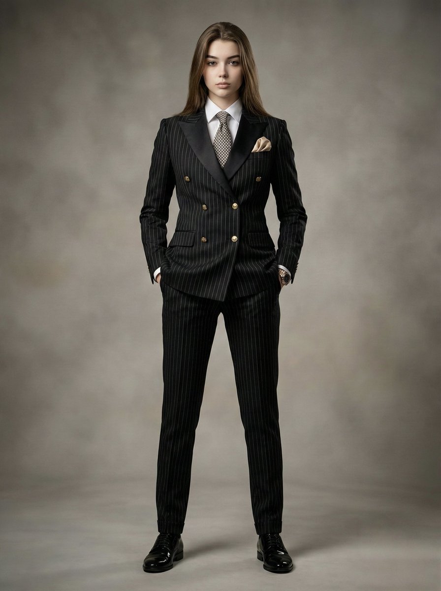 Ultra-Realistic Cinematic Studio Portrait in Black Pinstripe Suit