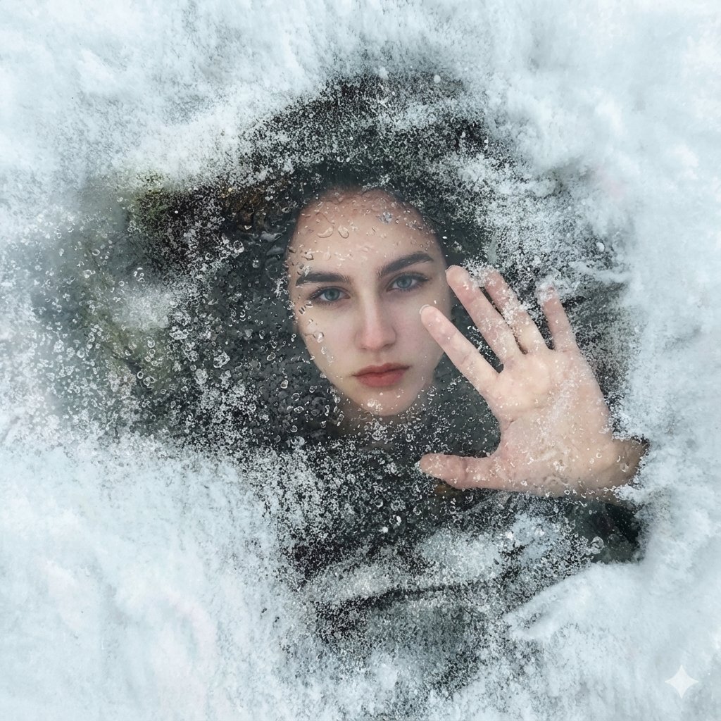 Cinematic Portrait of Woman Submerged Under Ice