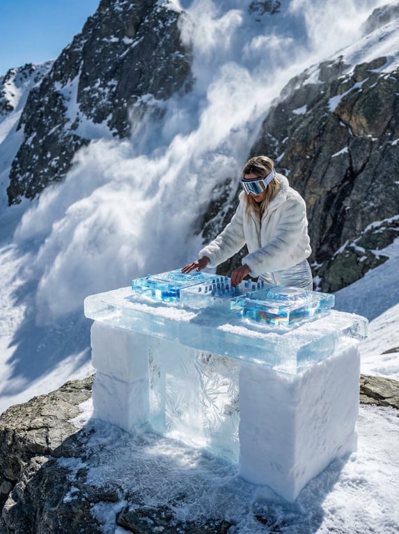 Hyper-Realistic DJ Setup Sculpted from Glacial Ice on Alpine Peak
