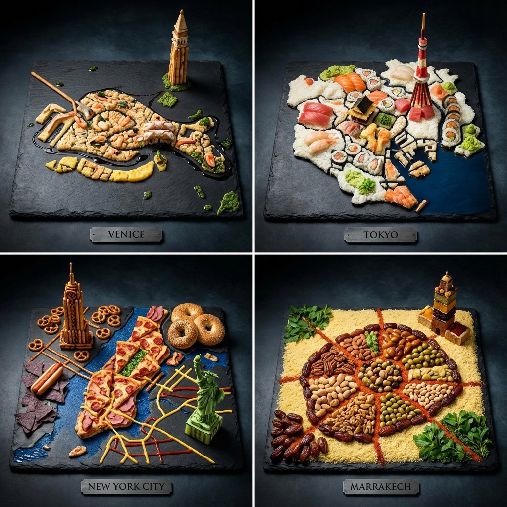 Extreme Food Art City Maps using Nano Banana Pro