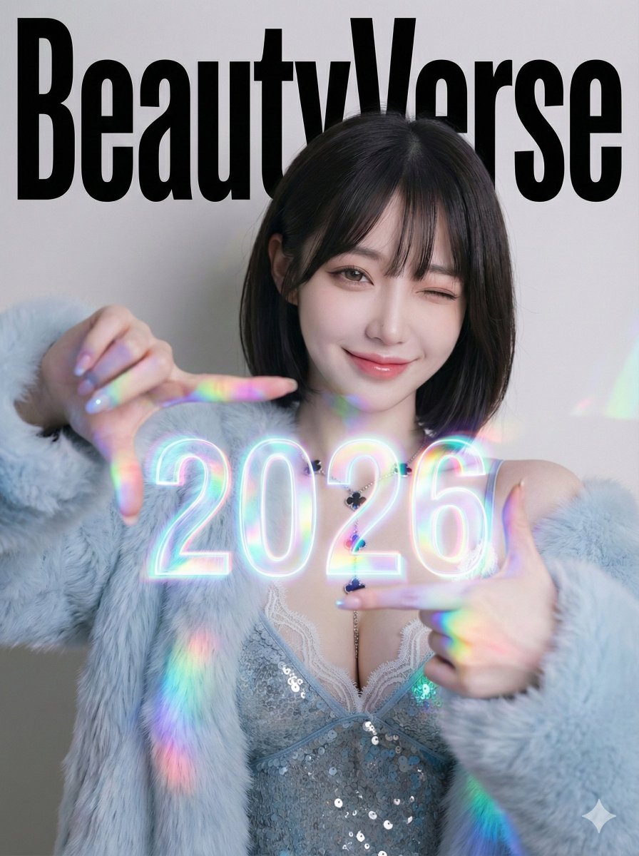 High-Fashion Editorial Portrait with Holographic Viewfinder and Background Typography