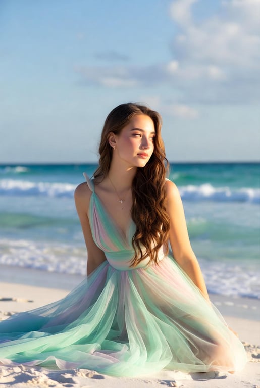 Photorealistic High Fashion Portrait on a Serene Beach