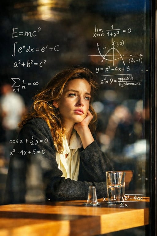 Cinematic Portrait of a Pensive Woman with Floating Mathematical Equations