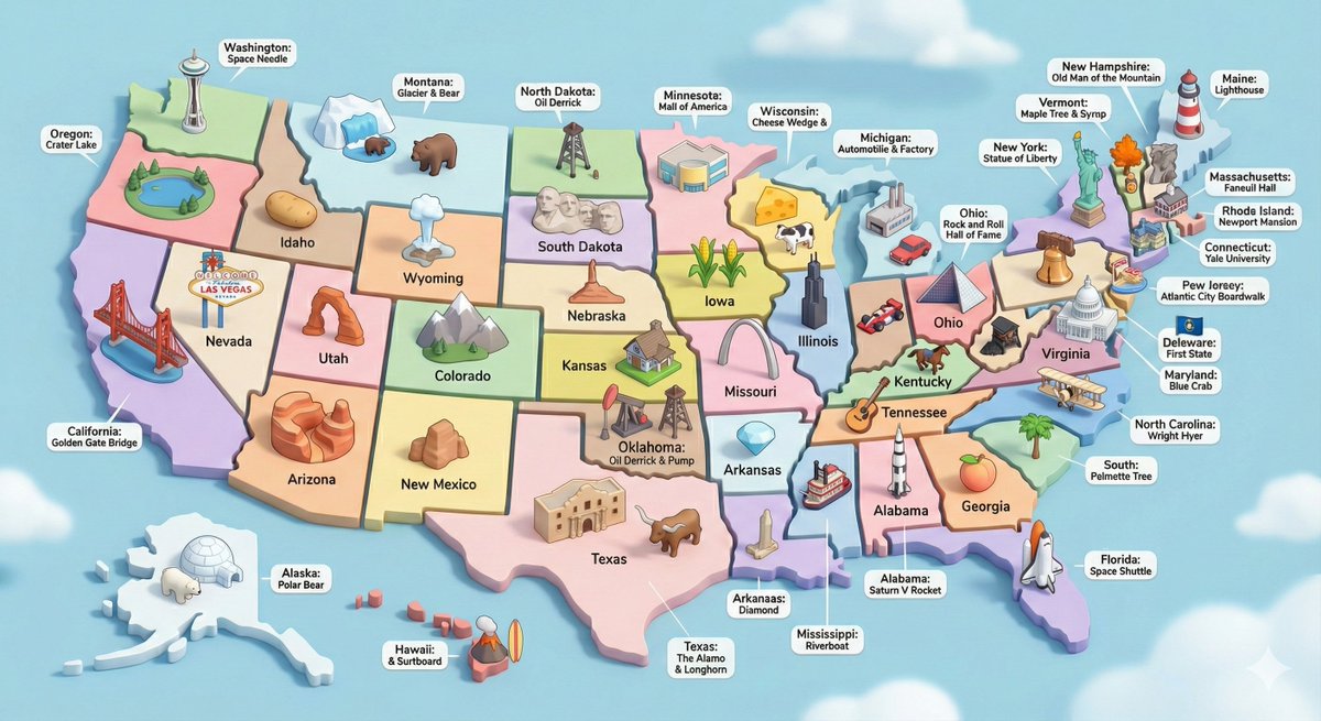 USA 3D Isometric Diorama with State Landmarks