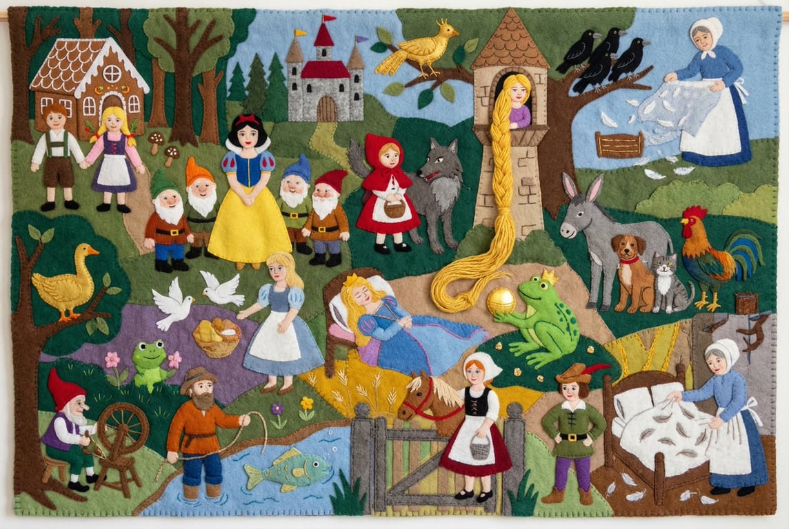 Grimm Fairy Tale Characters Felt Tapestry Montage