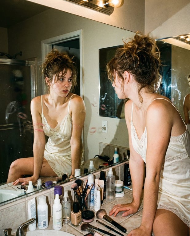 Raw Candid Flash Photography of a Woman in a Bathroom Mirror