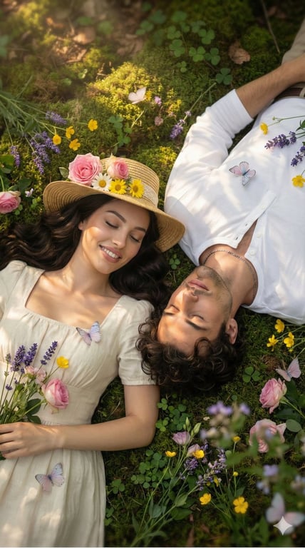 Romantic Cottagecore Couple in Dappled Sunlight